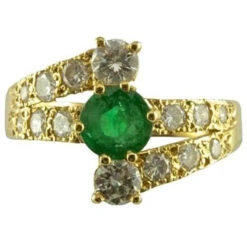 Bague Alliance En Or Jaune, émeraude Et Diamants