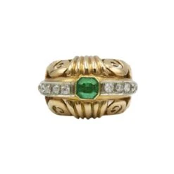 Bague Bandeau En Or Jaune, émeraude Et Diamants