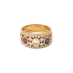 Bague Bandeau En Or Jaune, Rubis, Saphir Et Diamants