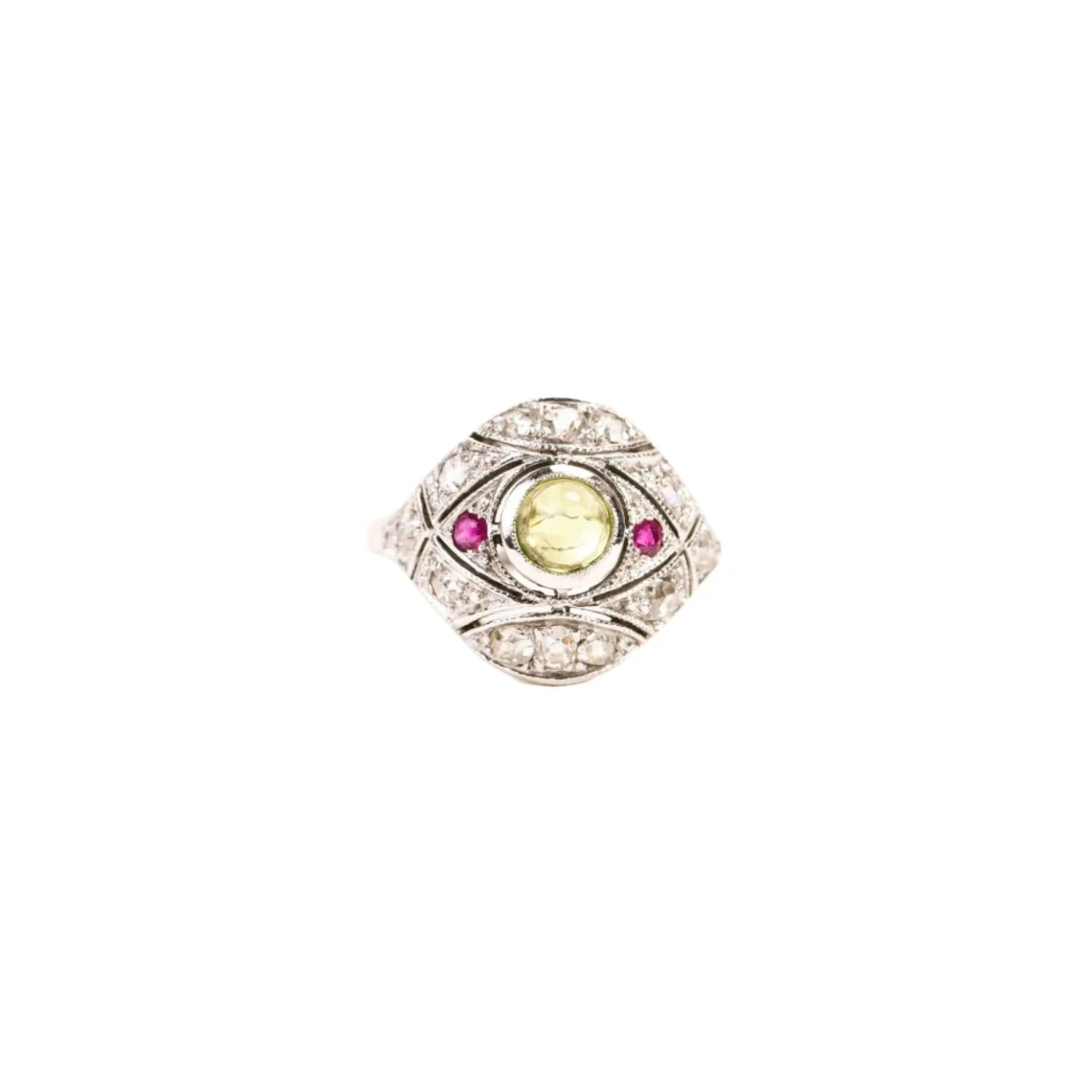 Bague Dôme En Or Blanc, Péridot, Rubis Et Diamants 1 Bague Dôme En Or Blanc, Péridot, Rubis Et Diamants