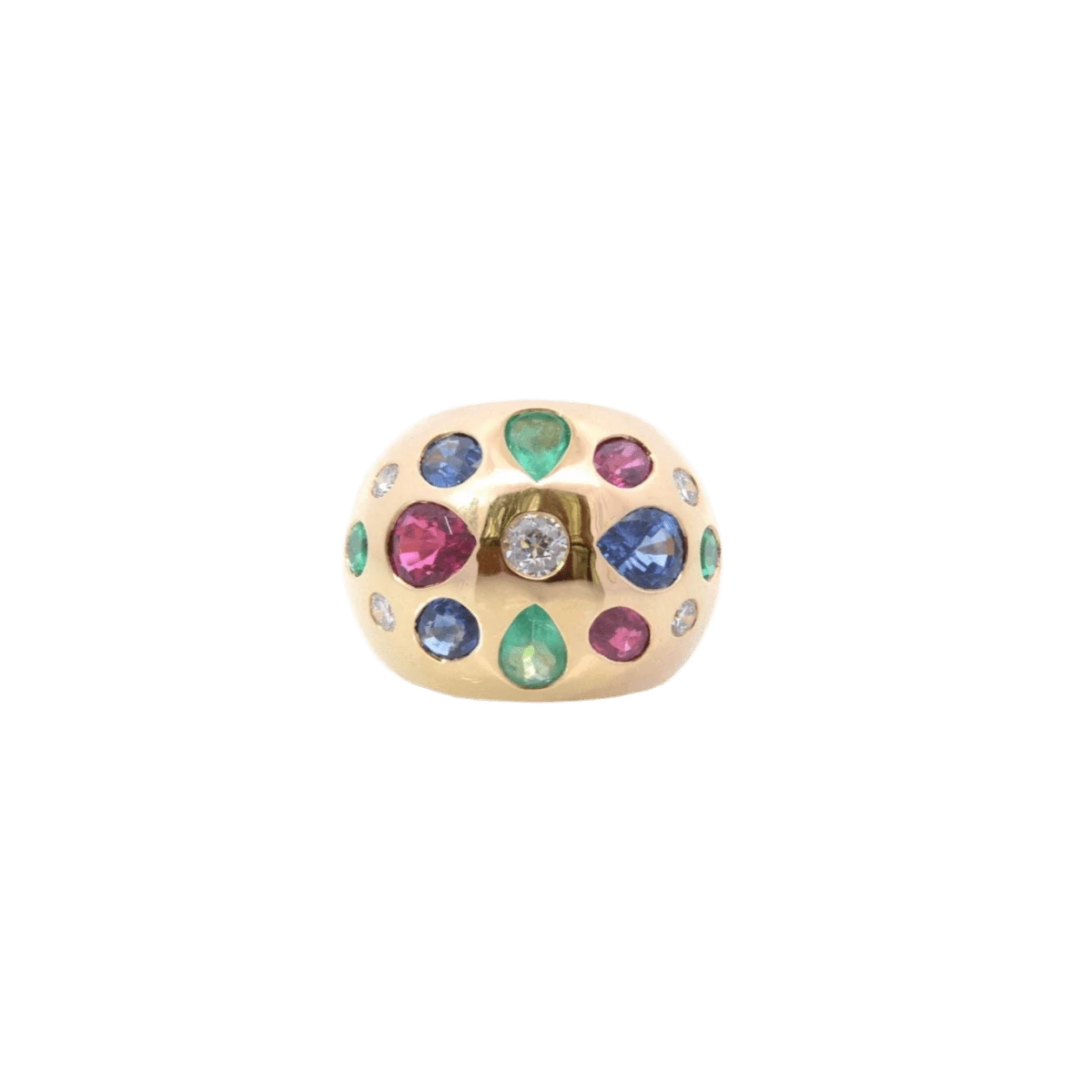 Bague Dôme En Or Jaune, émeraudes, Rubis, Saphirs, Tourmaline Et Diamants 1 Bague Dôme En Or Jaune, émeraudes, Rubis, Saphirs, Tourmaline Et Diamants