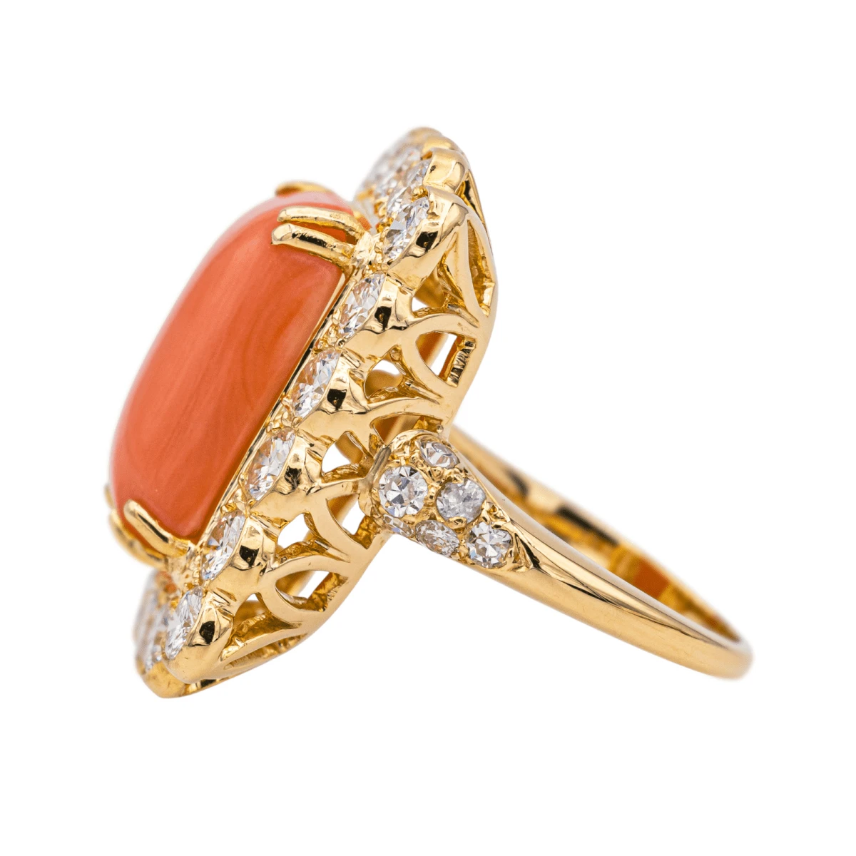 Bague En Or Jaune, Corail Et Diamants 4 Bague En Or Jaune, Corail Et Diamants – Image 4