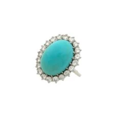 Bague Pompadour Rétro En Or Gris, Platine, Turquoises Et Diamants