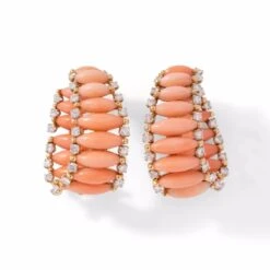Boucle D'oreilles En Or Jaune, Corail Etdiamants