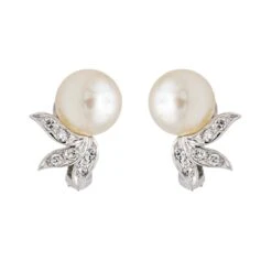 Boucles D'oreilles Clip En Or Blanc, Perles Et Diamants