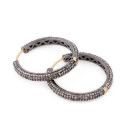 Boucles D'oreilles Créole En Or Jaune Et Argent Pavées Diamants