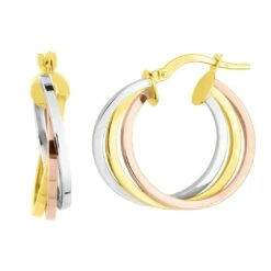Boucles D'oreilles Créoles En Or Jaune, Blanc Et Rose