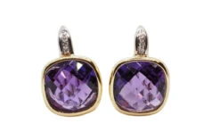 Boucles D'oreilles Dormeuses En Or Jaune, Améthyste Et Diamant