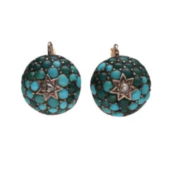 Boucles D'oreilles Dormeuses En Or Jaune, Turquoise Et Diamants