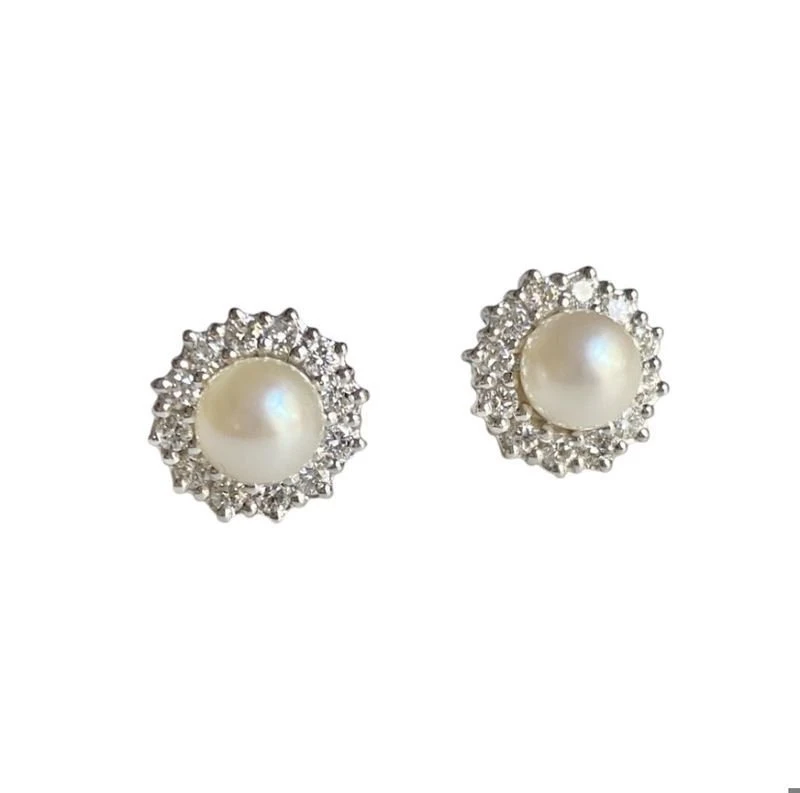 Boucles D'oreilles Puces En Or Blanc, Perle Et Diamants 1 Boucles D'oreilles Puces En Or Blanc, Perle Et Diamants