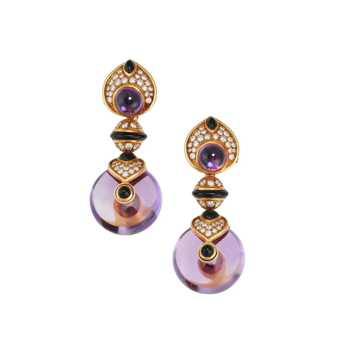 Boucles D'oreilles MARINA B "Pneu" En Or Jaune, Améthystes, Onyx Et Diamants 1 Boucles D'oreilles MARINA B "Pneu" En Or Jaune, Améthystes, Onyx Et Diamants