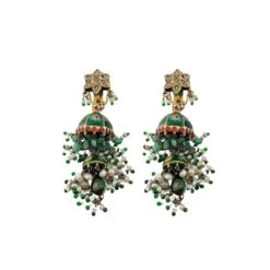 Boucles D'oreilles Pendantes En Or Jaune, émail Vert Et Pierres Dures