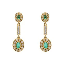 Boucles D'oreilles Pendantes En Or Jaune, Emeraude Et Diamant