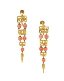 Boucles D'oreilles Pendantes En Or Jaune Et Corail
