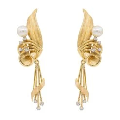 Boucles D'oreilles Pendantes En Or Jaune, Perle De Culture Et Diamant