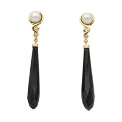 Boucles D'oreilles Pendantes En Or Jaune, Perles, Onyx Et Diamants