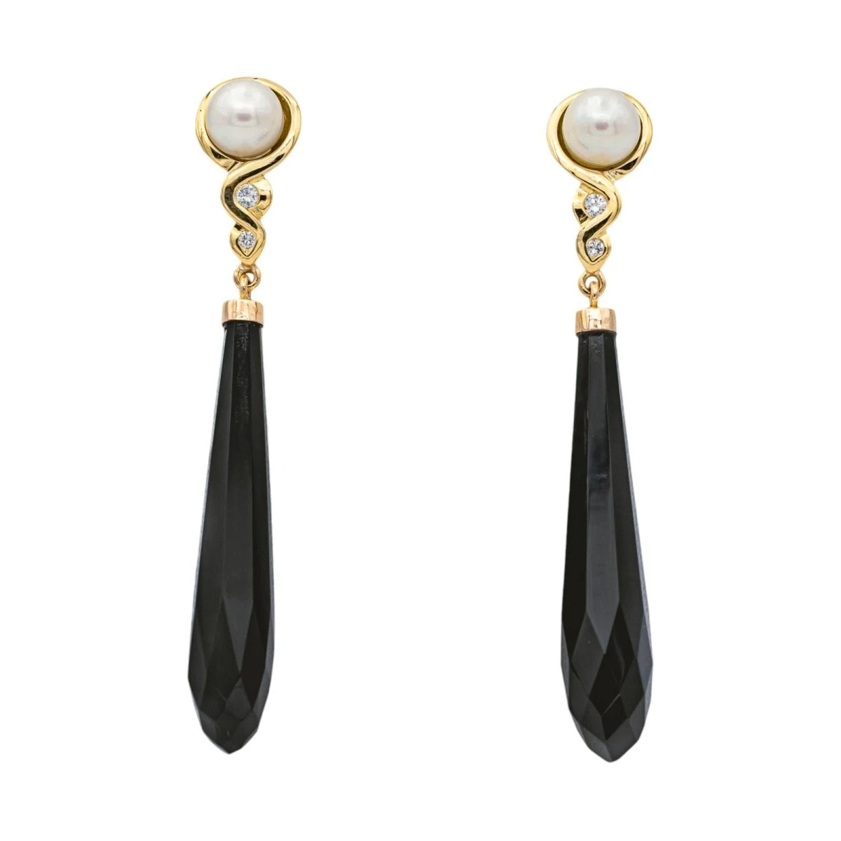 Boucles D'oreilles Pendantes En Or Jaune, Perles, Onyx Et Diamants 1 Boucles D'oreilles Pendantes En Or Jaune, Perles, Onyx Et Diamants
