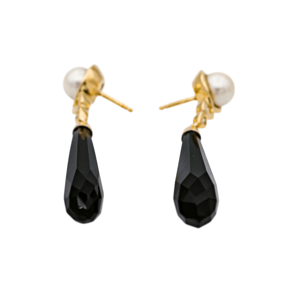 Boucles D'oreilles Pendantes En Or Jaune, Perles, Onyx Et Diamants 3 Boucles D'oreilles Pendantes En Or Jaune, Perles, Onyx Et Diamants – Image 3