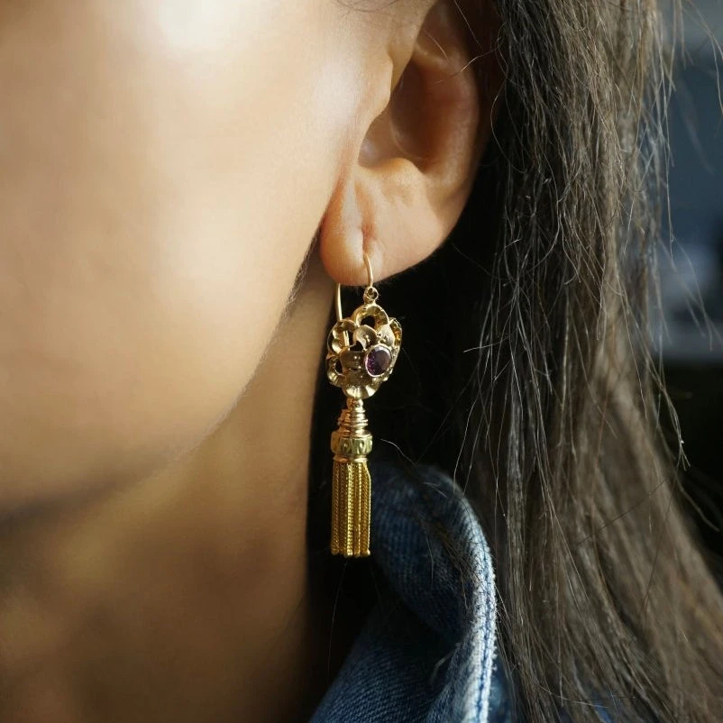 Boucles D'oreilles Pendants Or Jaune Et Rose Améthyste 2 Boucles D'oreilles Pendants Or Jaune Et Rose Améthyste – Image 2