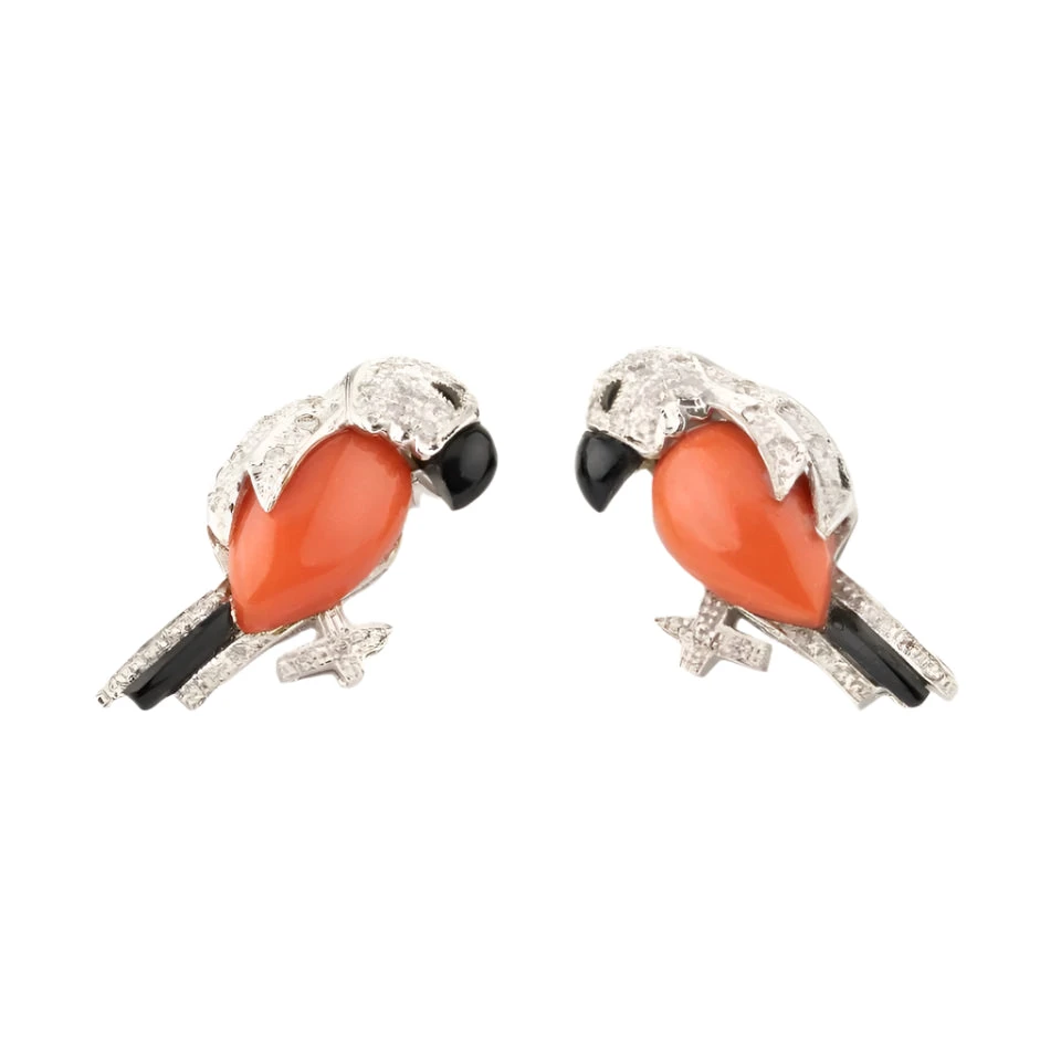 Boucles D'oreilles Perroquet En Or Blanc, Onyx, Corail Et Diamants 1 Boucles D'oreilles Perroquet En Or Blanc, Onyx, Corail Et Diamants