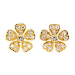Boucles D'oreilles Puces Fleurs En Or Jaune Et Diamants
