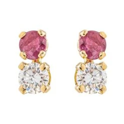 Boucles D'oreilles Puces En Or Jaune, Rubis Et Diamants