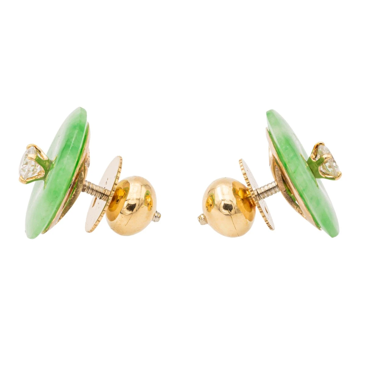 Boucles D'oreilles Puces En Or Jaunes, Jades Jadéite Et Diamants 3 Boucles D'oreilles Puces En Or Jaunes, Jades Jadéite Et Diamants – Image 3