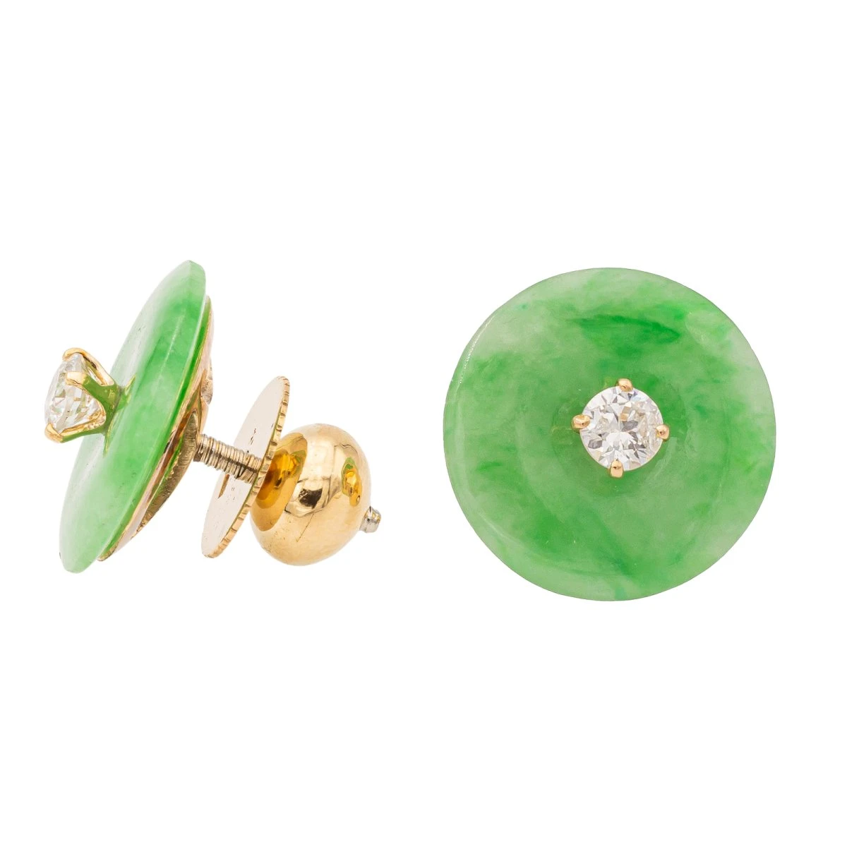 Boucles D'oreilles Puces En Or Jaunes, Jades Jadéite Et Diamants 4 Boucles D'oreilles Puces En Or Jaunes, Jades Jadéite Et Diamants – Image 4