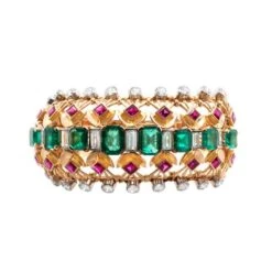 Bracelet 1940 Or Jaune, Emeraudes De Colombie, Diamants Et Rubis