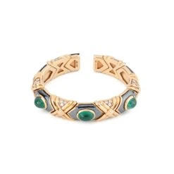 Bracelet Jonc BULGARI En Or Jaune, Hématite, émeraudes Et Diamants