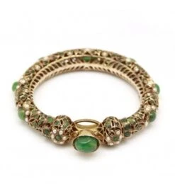 Bracelet Jonc Oriental En Or Jaune, émeraudes Et Perles