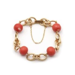 Bracelet Maille En Or Jaune Et Perles De Corail