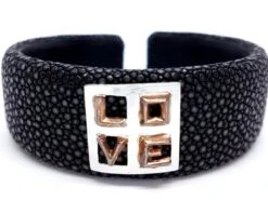 Bracelet Manchette En 2 Ors Et Galuchat Noir -Castafiore Boutique bracelet manchette love en 2 ors et galuchat noir 829542