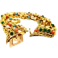 Bracelet Manchette Maille En Or Jaune, Cornaline, Chrysoprases, Turquoise Et Perles -Castafiore Boutique bracelet manchette maille en or jaune cornaline chrysoprases turquoise et perles 271372