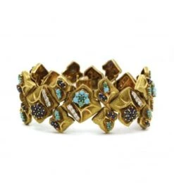 Bracelet - Or. Diamants. Saphirs Et Turquoises