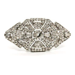 Broche Art Déco En Or Blanc Et Platine Pavé Diamants