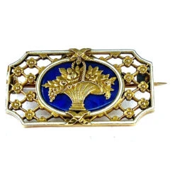 Broche En Or 18 Carats : Panier Fleuri , émail Bleu Et Blanc.Napoléon III.