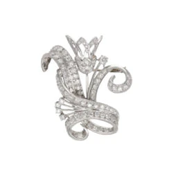 Broche Épingle Fleur En Or Blanc, Platine Et Diamants