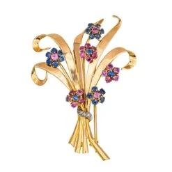 Broche En Or Rose, Or Blanc, Rubis, Saphirs Et Diamants