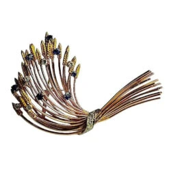 Broche Epi De Blés En Or Jaune, Saphirs Et Diamants