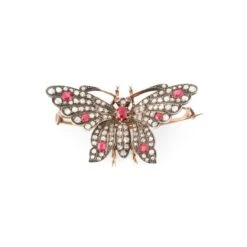 Broche Épingle "Papillon" En Or Jaune, Argent, Rubis Et Diamants