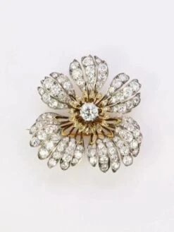 Broche Fleur Ancienne Or Argent Diamants Taille Ancienne