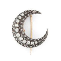 Broche Épingle Lune En Or Jaune, Argent Et Diamants