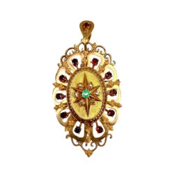Broche Pendentif En Or Jaune, Grenats, émeraude Et Diamants