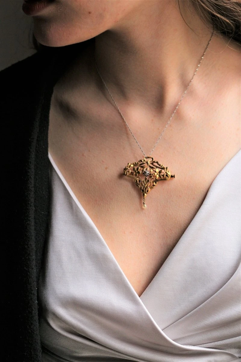 Broche - Pendentif En Or Jaune Et Platine Et En Perle 10 Broche - Pendentif En Or Jaune Et Platine Et En Perle – Image 10