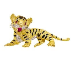 Miller Broche SANZ "Tigre", Or Jaune, Diamants, Rubis, émail