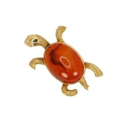 Broche Tortue En Or Jaune Et Cornaline