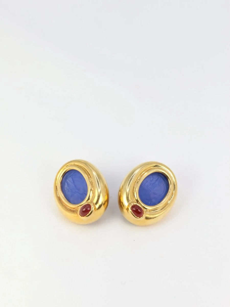 Clips D’oreilles Vintage En Or, Intaille En Verre Bleu Et Cornaline – Image 7