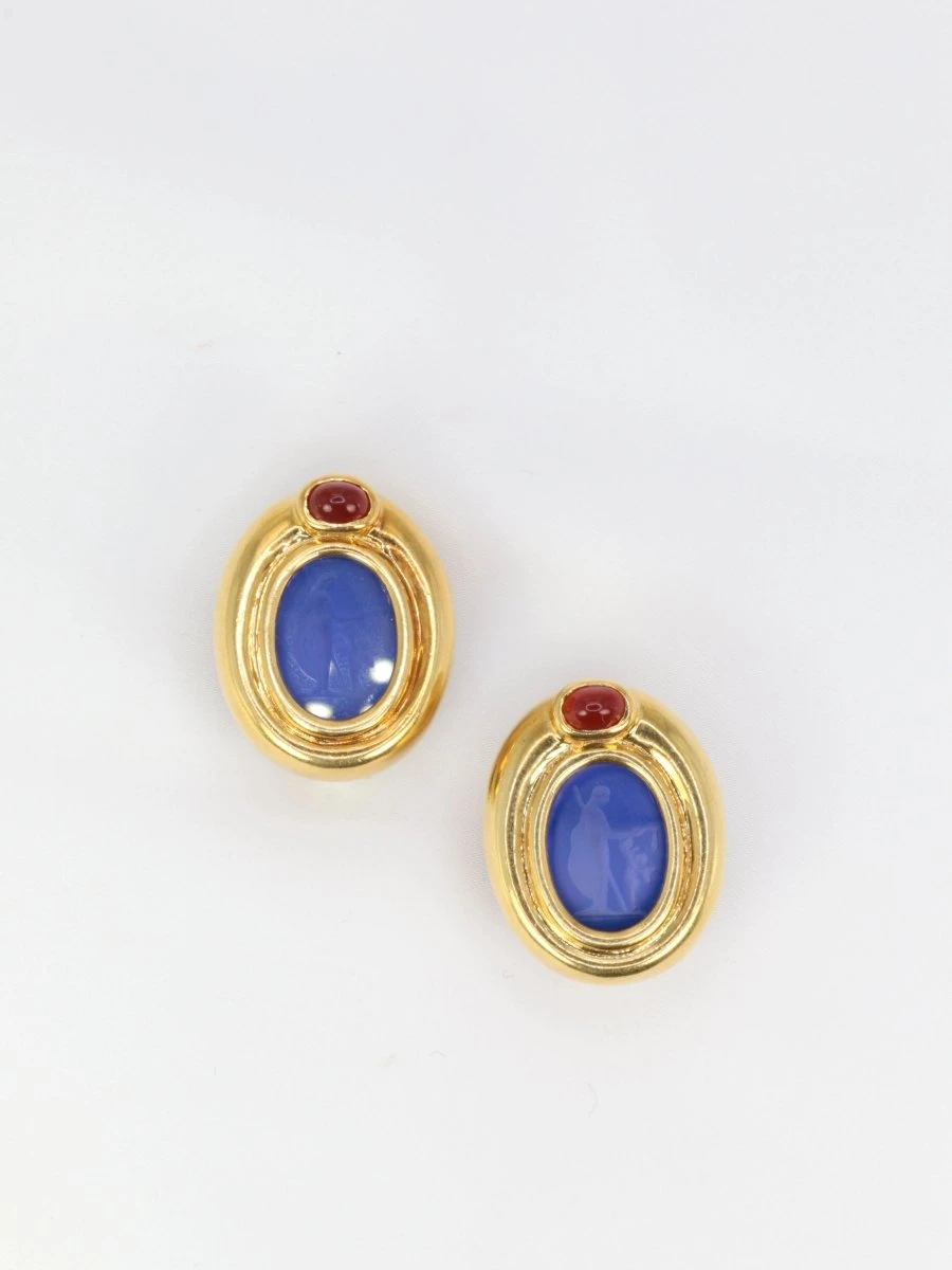 Clips D’oreilles Vintage En Or, Intaille En Verre Bleu Et Cornaline – Image 3