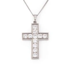 Collier Or Blanc Avec Pendentif Croix Art Déco En Platine Et Diamants